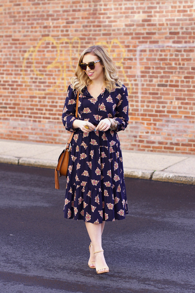 70s Inspired Boho Outfit | LOFT Faraway Floral Midi Dress | Spring Fashion on Living After Midnite by Jackie Giardina
