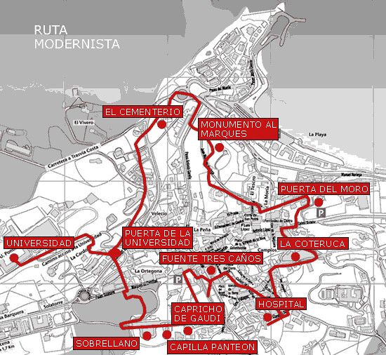 Mapa de la ruta modernista Comillas