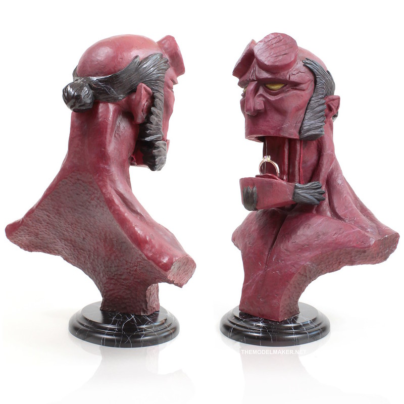 Mike Mignola Hellboy hand sculpted bust with hidden compartment for engagement ring. Hellboy engagement ring box.