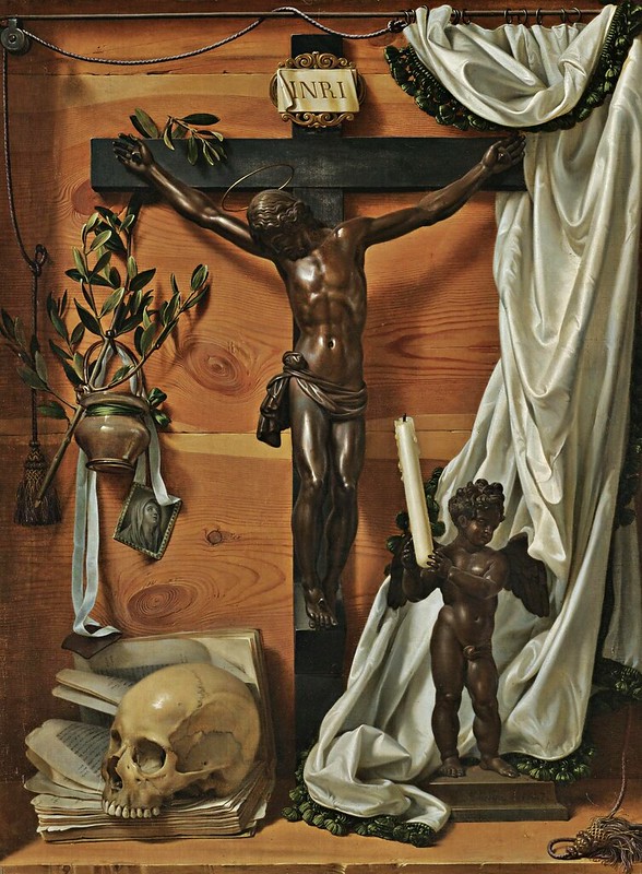 Prospero Mallerini - A trompe l'oeil vanitas still life with a bronze crucifix