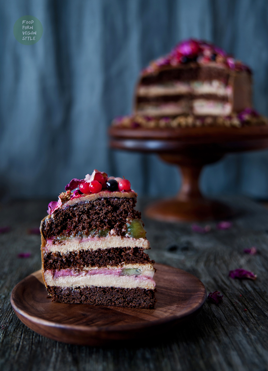 Vegan carob tort / layer cake with sesame-millet cream and raspberry mousse