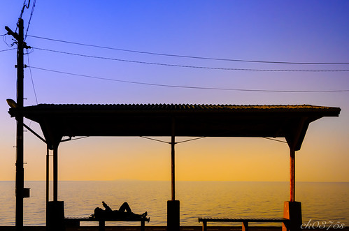 sunset sea sky orange water station japan train landscape photo nikon outdoor serene gradation d7000