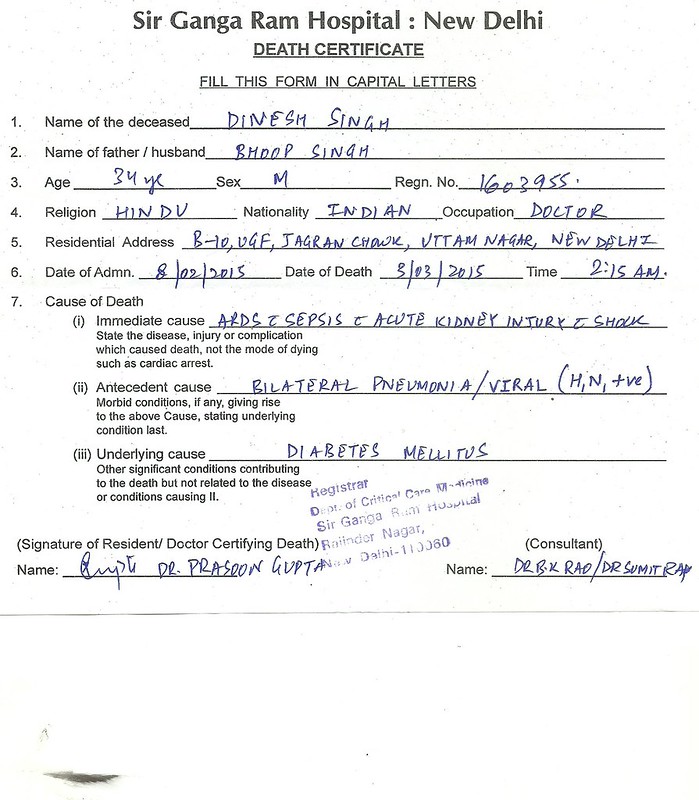 The Death Certificate of Dr Dinesh Singh, which shows that he tested positive for H1N1.jpg