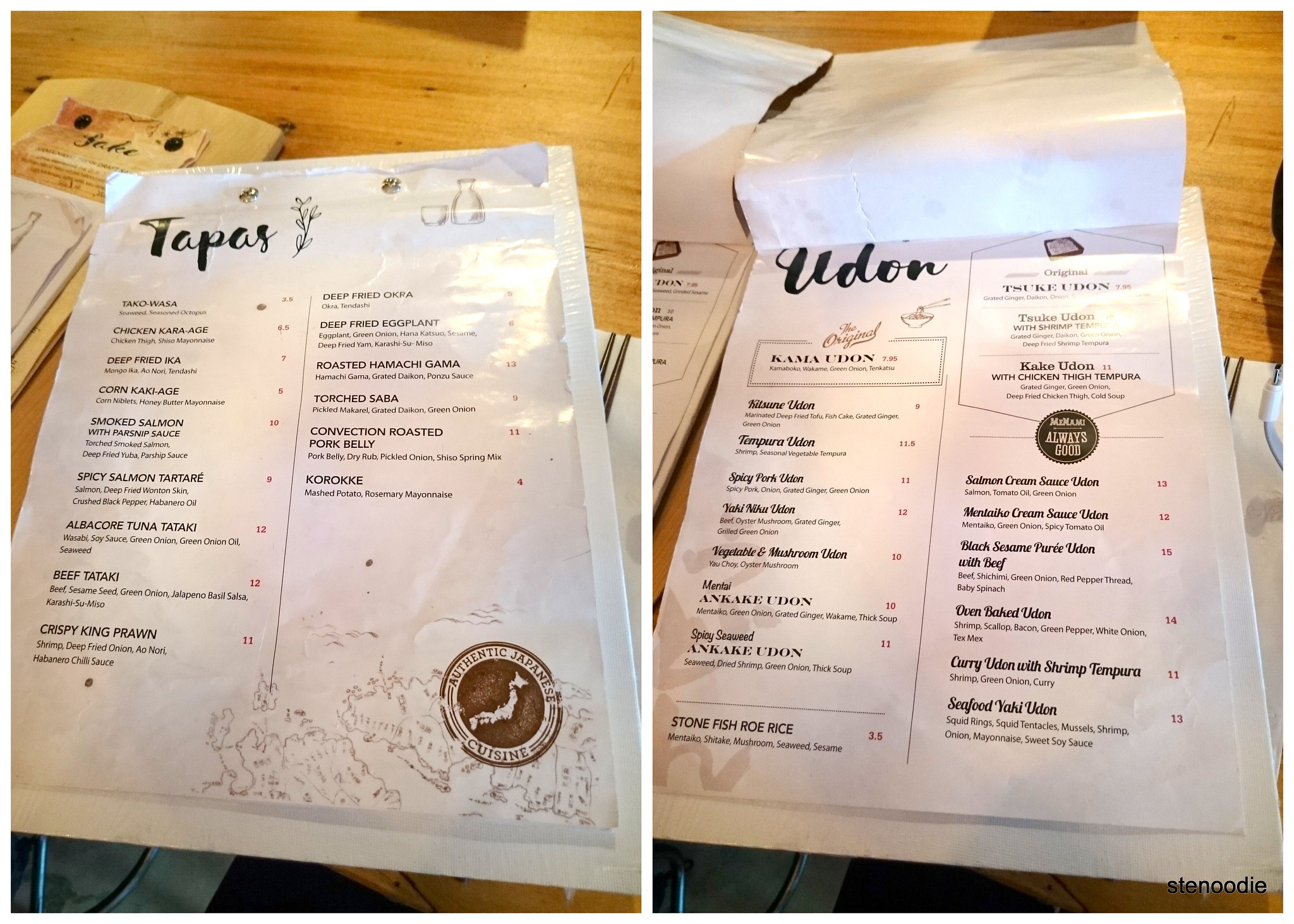 MeNami Tapas and Udon menus