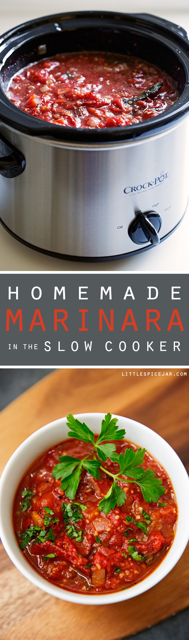 Homemade Marinara Sauce (Slow Cooker) - easy marinara sauce made in the slow cooker and it tastes 1000% better than the store bought stuff! #marinarasauce #slowcookermarinarasauce #crockpotmarinarasauce | Littlespicejar.com