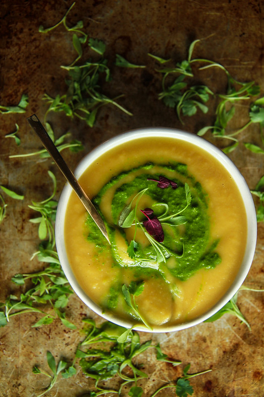 Roasted Sweet Potato and Butternut Squash Soup with Cilantro Sauce