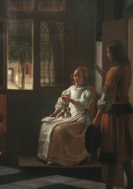 Man Handring a Letter to a Woman in the Entrance Hall of a House, Pieter de Hooch, 1670