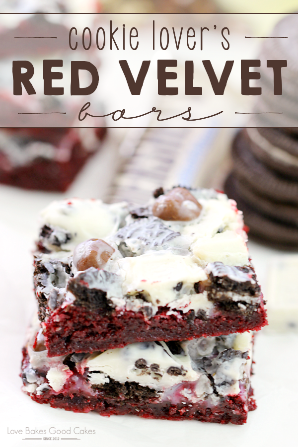 Cookie Lover's Red Velevet Bars stacked on a plate.