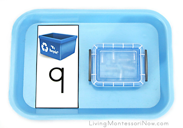 Counting Activity with Recycling Bin Number Card and Miniature Glass Bottles