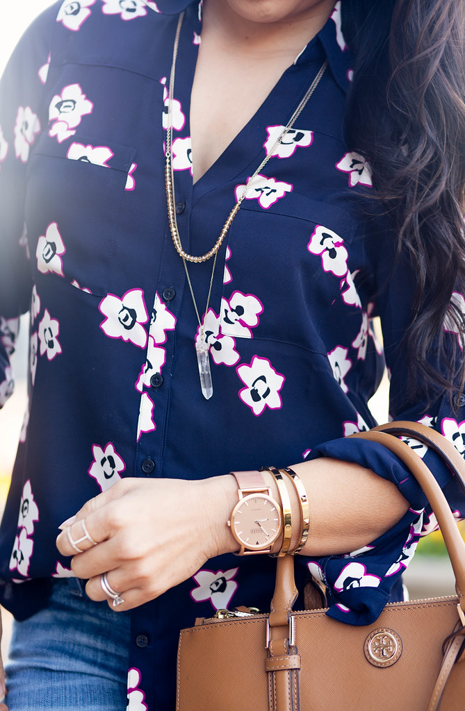 cute & little blog | petite fashion | express portofino floral shirt, layered necklace, shore projects watch, gold bracelets, tory burch bag | accessories | spring outfit