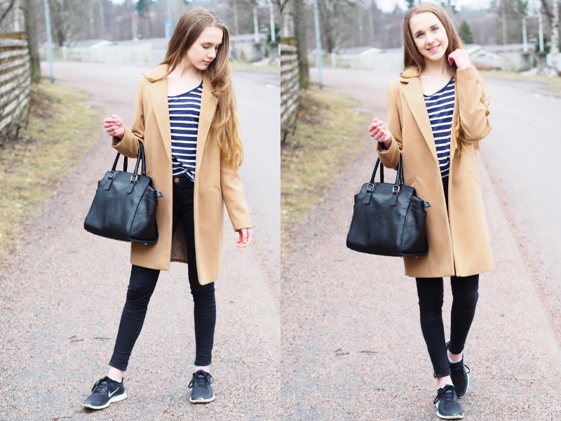 Sporty casual look with a camel coat and a pair of Nike trainers