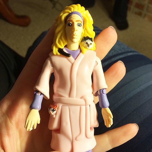 The "Crazy Cat Lady" action figure comes with bathrobe, frazzled expression, and bandaged fingers.