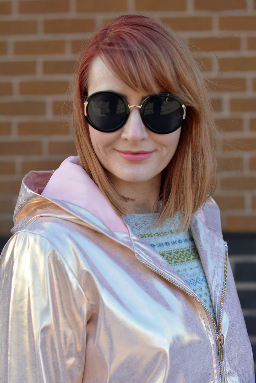 Rose gold metallic rain coat, oversized round sunglasses | Not Dressed As Lamb