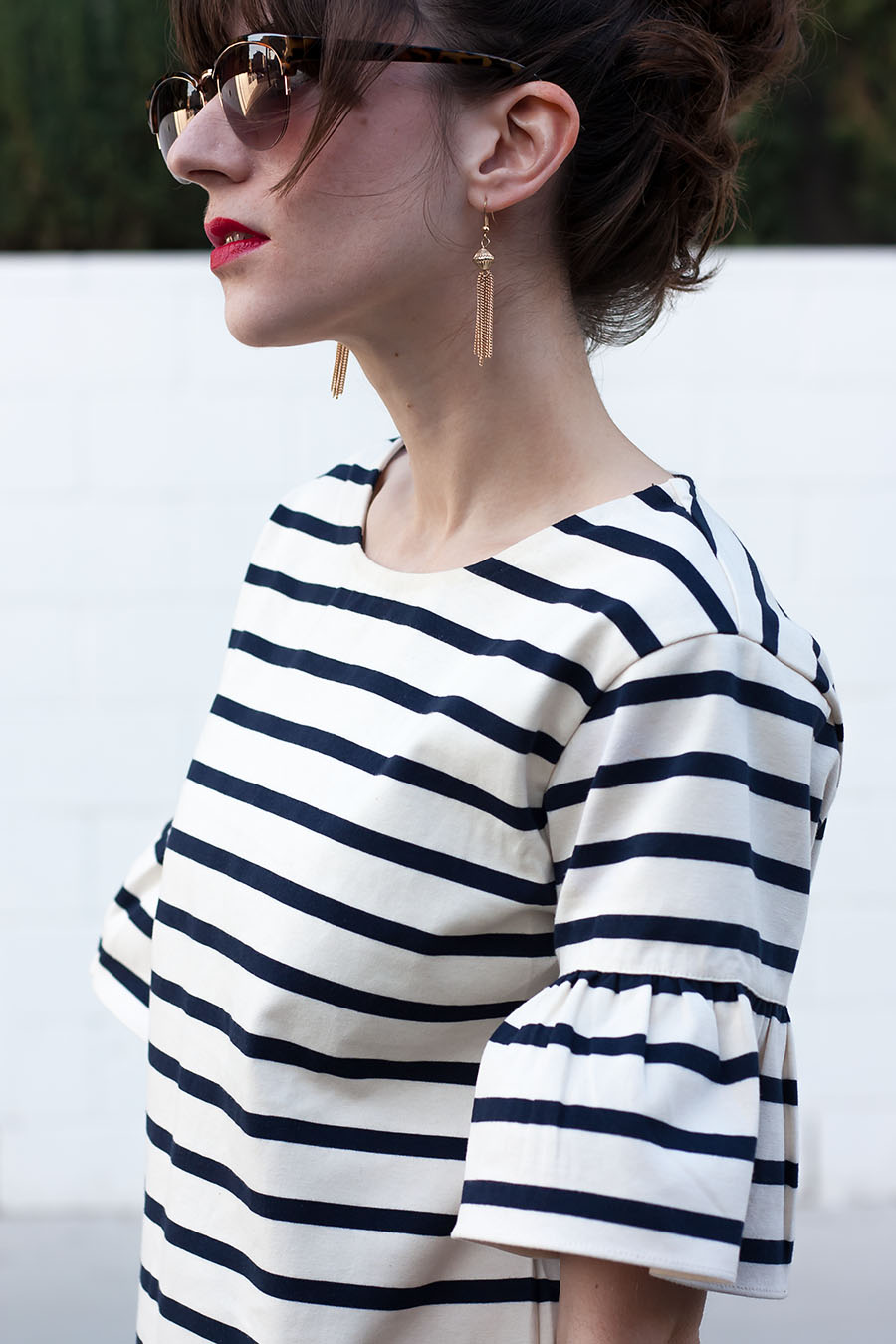 Striped Ruffle Shirt, Tassel Earrings