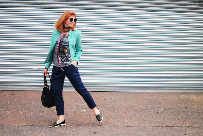 Rock Chic Meets Corporate Style: Navy and black with a rock tee, skinny scarf and mint biker jacket | Not Dressed As Lamb
