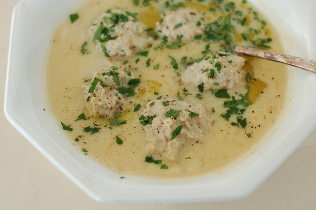 Greek lemon soup (avgolemono) with chicken meatballs and orzo by Eve Fox, the Garden of Eating blog, copyright 2016