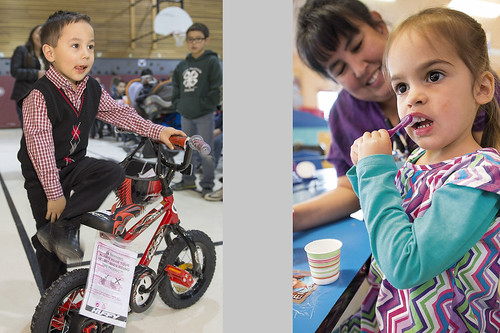 Left, Aazaiah Barbaza tries on the bike he won at the annual Easter party. Right, Teachers Aide Ann Strongheart helps Eliza Massey brush her teeth after lunch in the Otter preschool classroom at the Early Childhood Center.