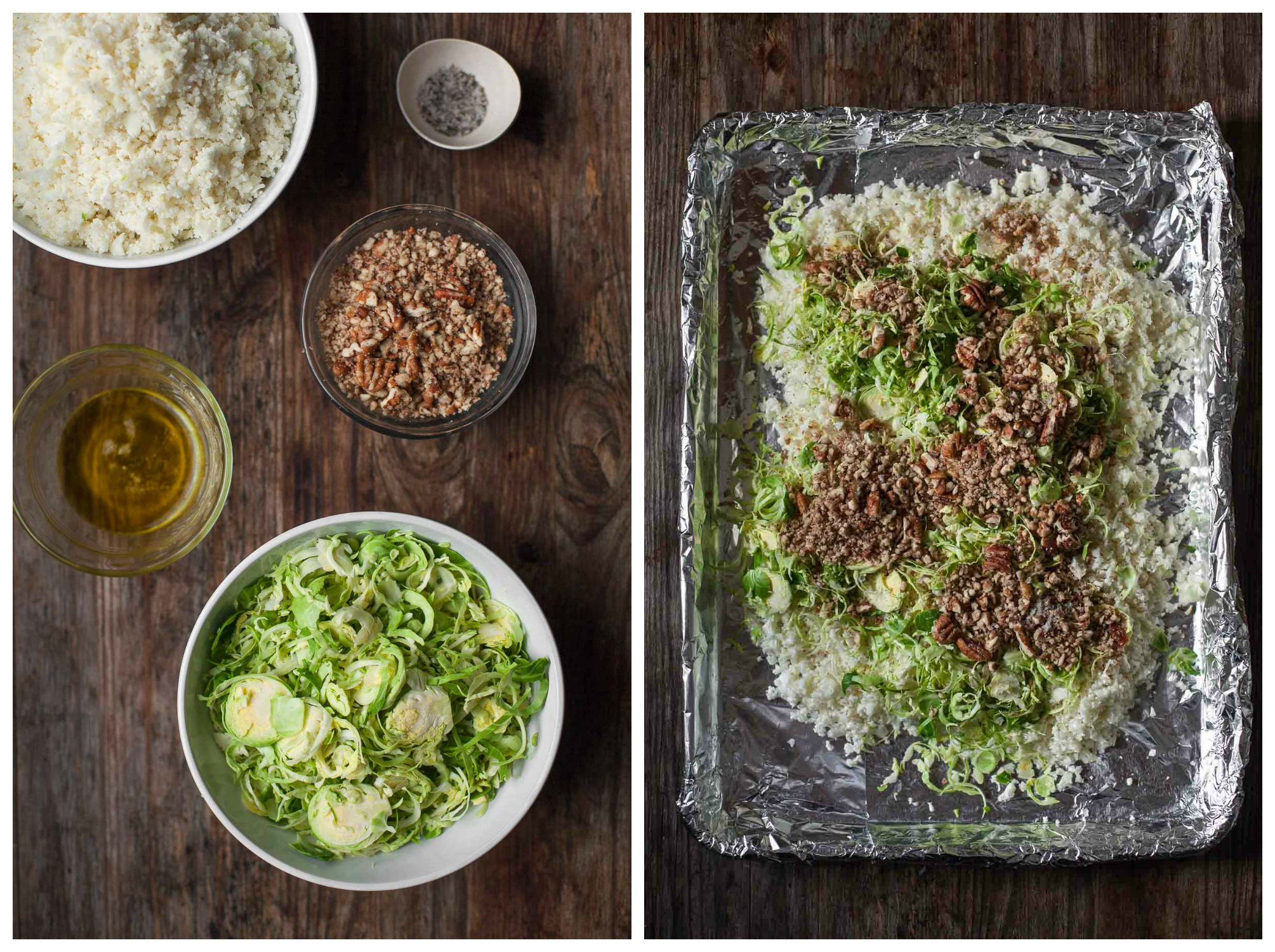Ingredients for with Roasted Cauliflower Rice with Brussels Sprouts and Pecans (Paleo, Whole30) | acalculatedwhisk.com