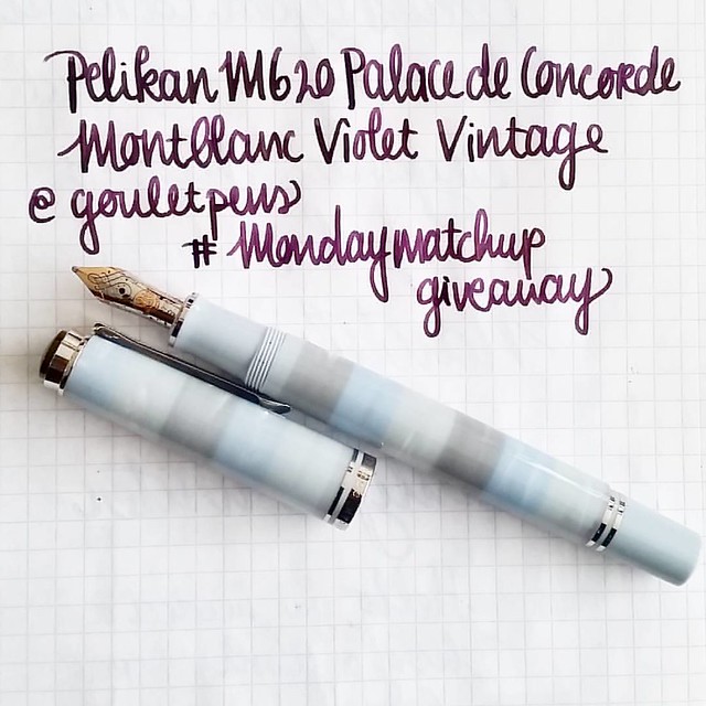 My #mondaymatchup for @gouletpens #mondaymatchupgiveaway Pelikan M620 Palace de Concorde with Montblanc Violet #Fpgeeks #FPN #fountainpennetwork #fountainpen #pelikansouverän #pelikan #montblanc #inked