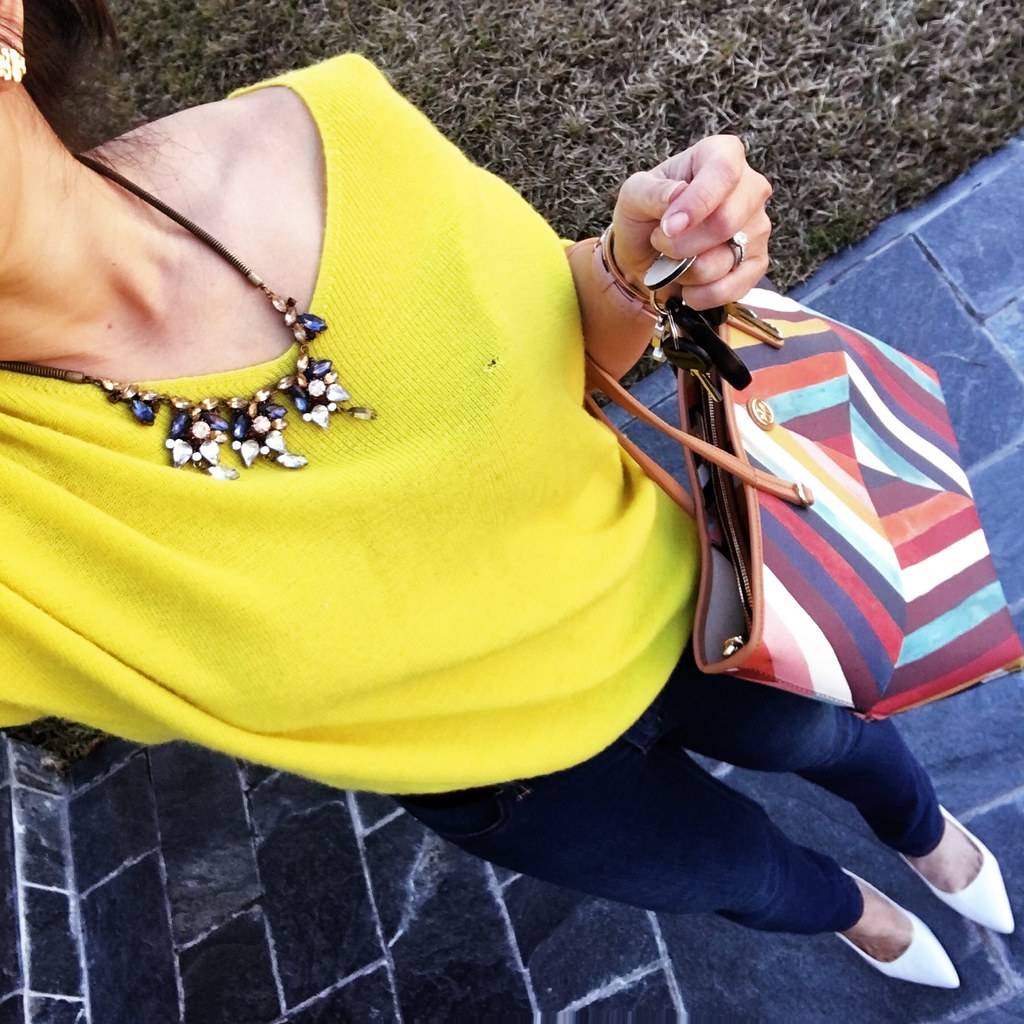 cute & little blog | petite fashion | marigold yellow sweater, petite skinny jeans, tory burch kerrington tote, white pumps, statement necklace | spring outfit
