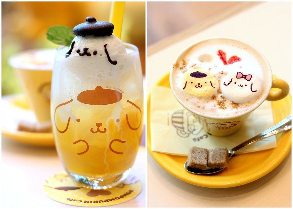 pompompurin cafe love love hot marshmallow latte and mango soda ice cream float