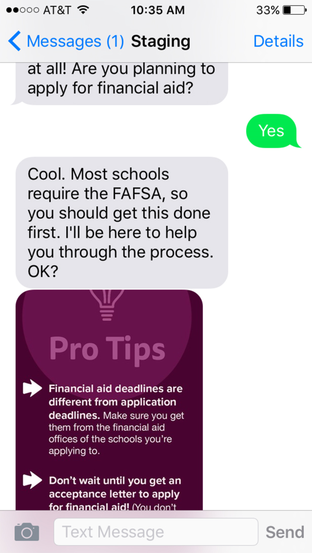 Text messaging bots answer student questions about FAFSA
