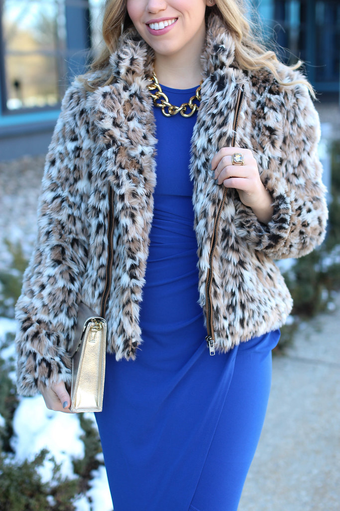 Blue Bodycon Draped Dress | Leopard Faux Fur Coat | Red M. Gemi Pumps | Winter Party Outfit