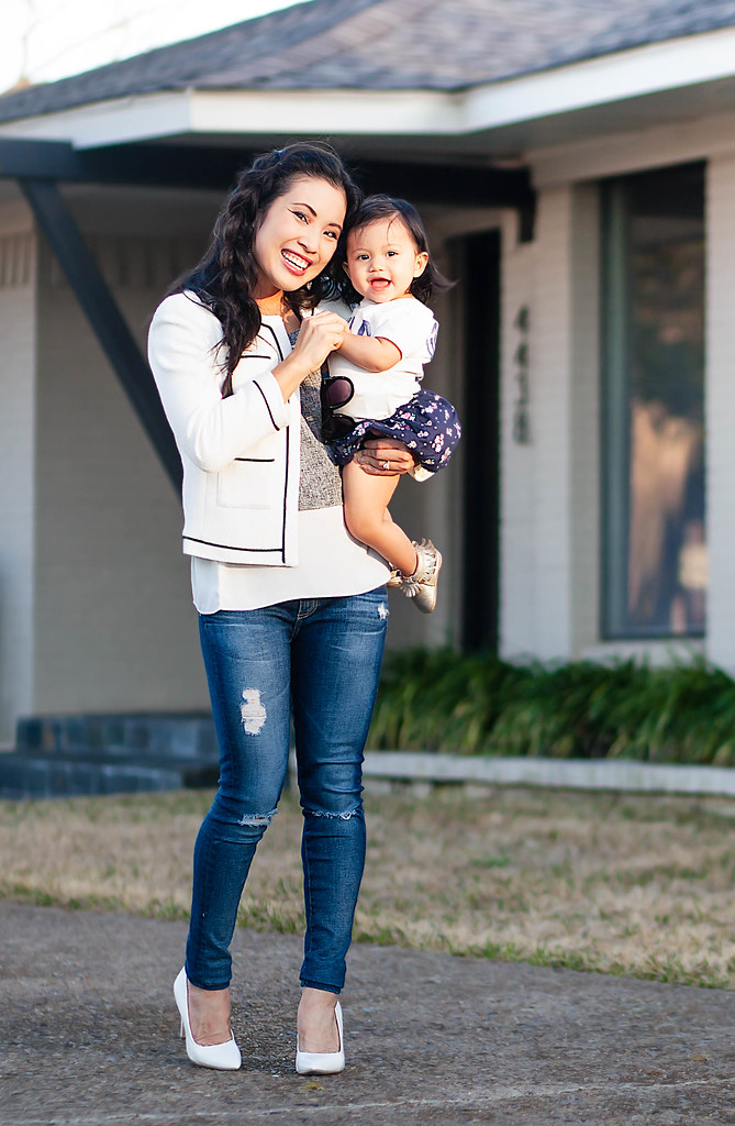 cute & little | petite fashion blog | chanel tweed blazer, plum society gray layered tank, petite distressed jeans, white pumps, side pull-through braid, leopard clutch | mommy daughter | spring outfit