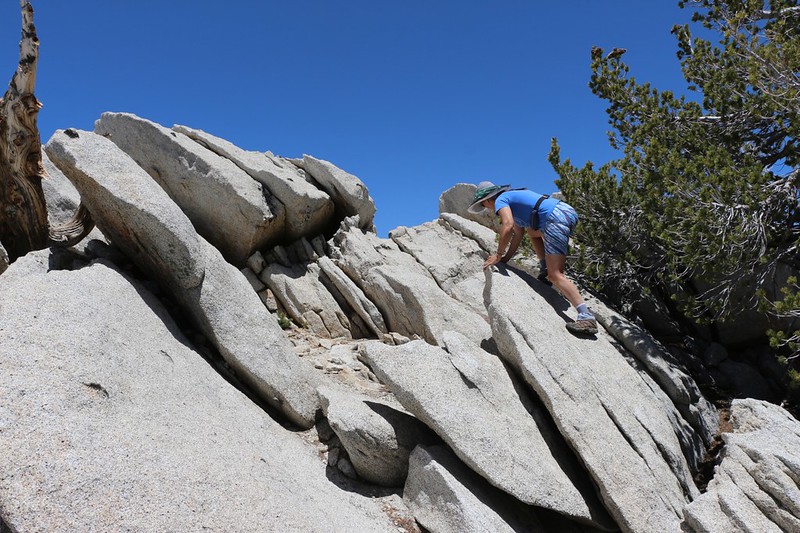 Vicki scrambling up the granite to the summit of Mount Saint Ellen's