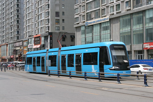 Shenyang Tram(Blue) in Xinglongdaaolai.Sta, Shenyang, Liaoning, China /June 9, 2018