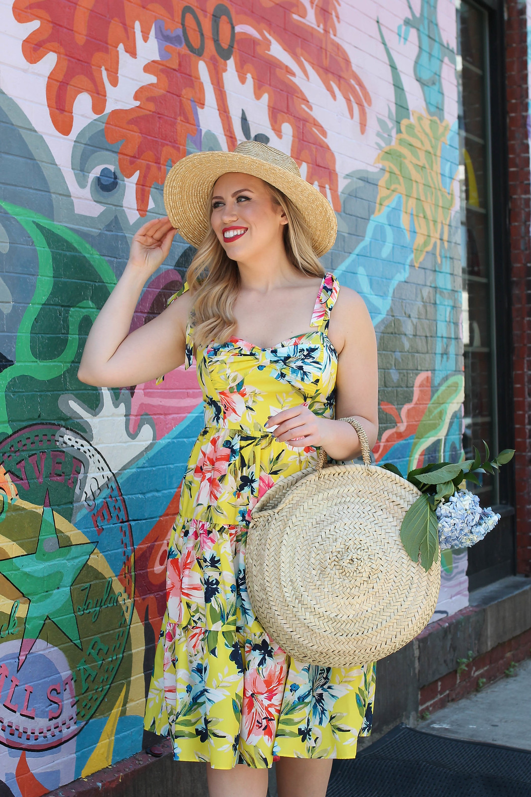 Eliza J Bow Front Tie Strap Dress Yellow Floral Dress Nordstrom Brixton Joanna Straw Hat Caterina Bertini Straw Circle Tote Summer Outfit Inspiration