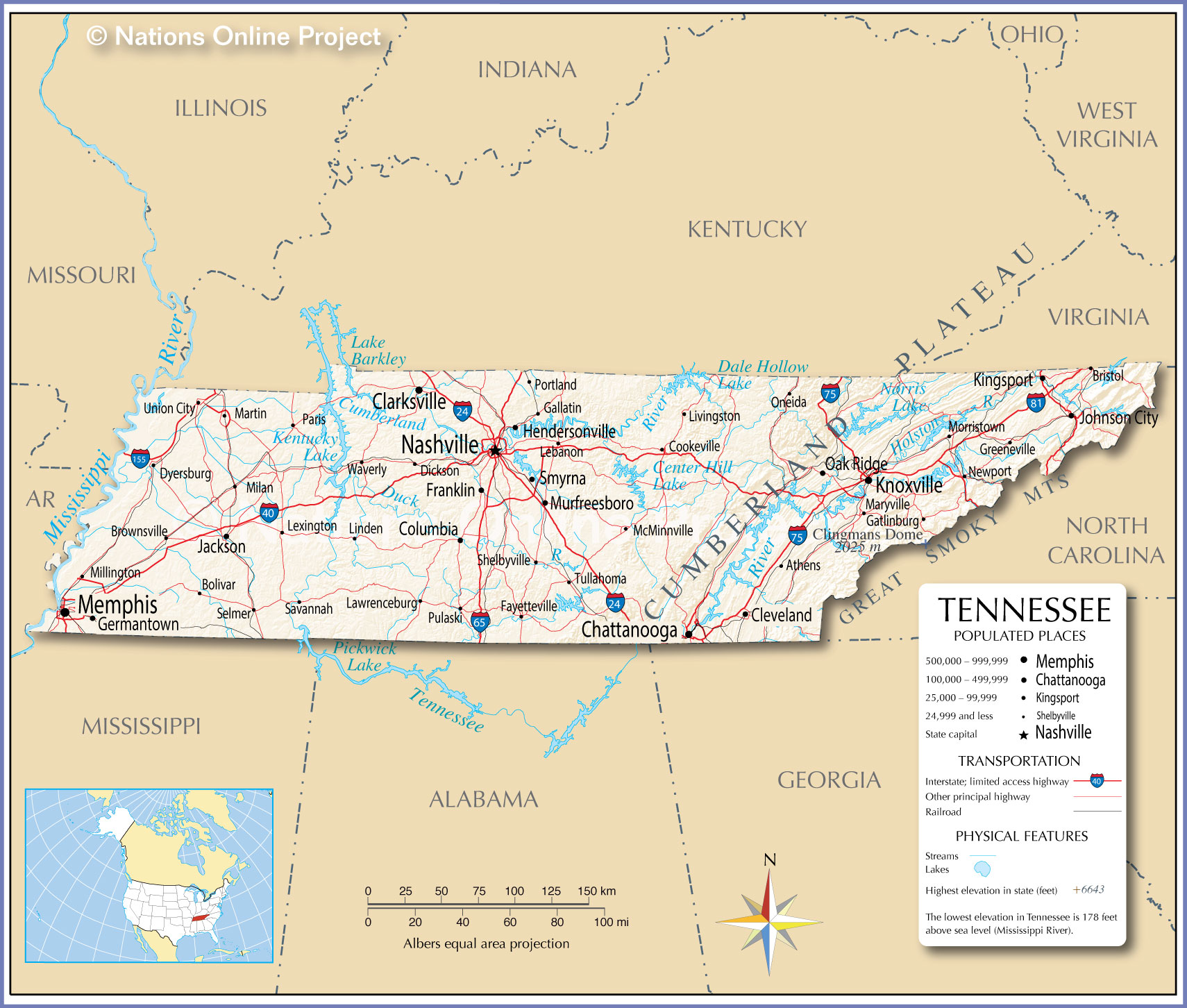 Map of Tennessee from the Nations Online Project.