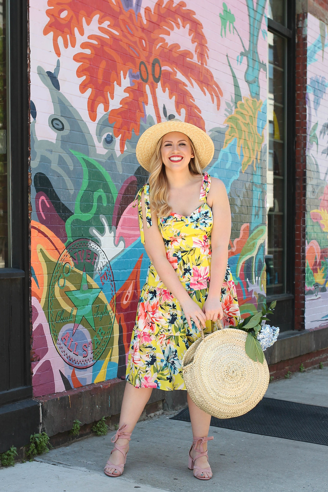 Palm Beach Chic Outfit Inspiration Eliza J Yellow Floral Dress Straw Hat Straw Bag Blush Pink Suede Sandals Fashion Summer Living After Midnite Jackie Giardina