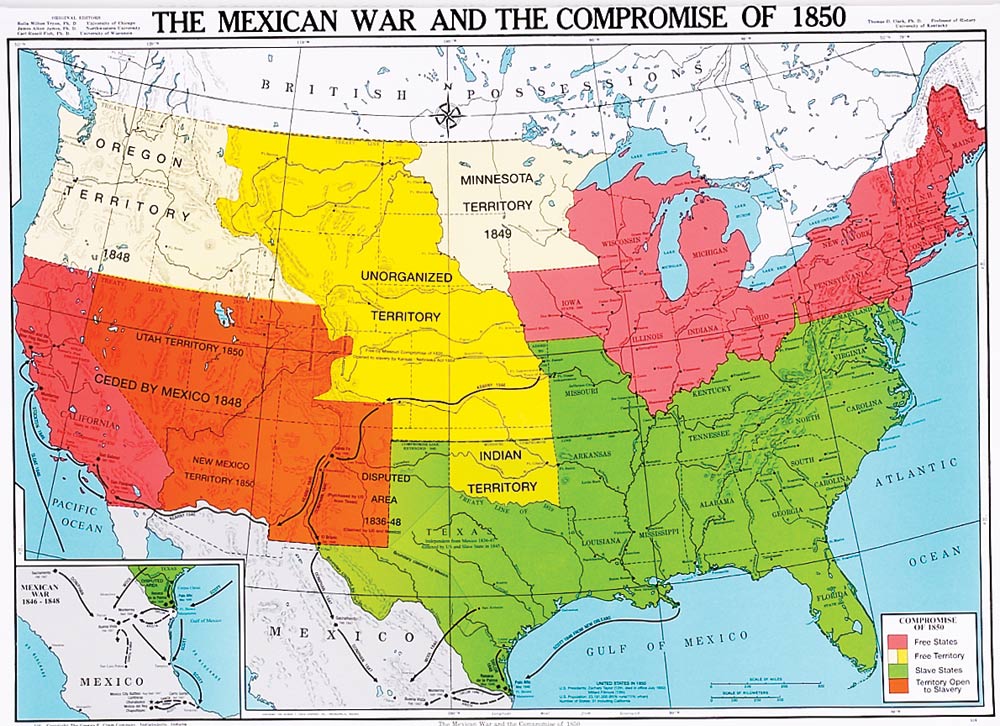 Map of the United States showing the results of the Mexican-American War and the Compromise of 1850.