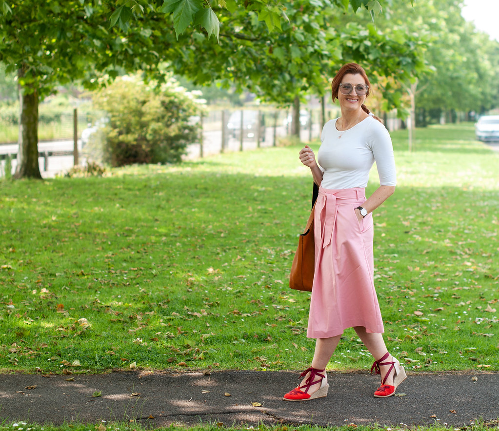 Simple summer weekend outfit: a t-shirt and flared midi skirt with espadrilles | Not Dressed As Lamb, over 40 style