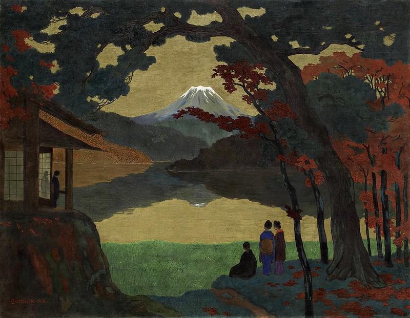 Emil Orlik - Landscape with Mount Fuji in the Distance (1908)