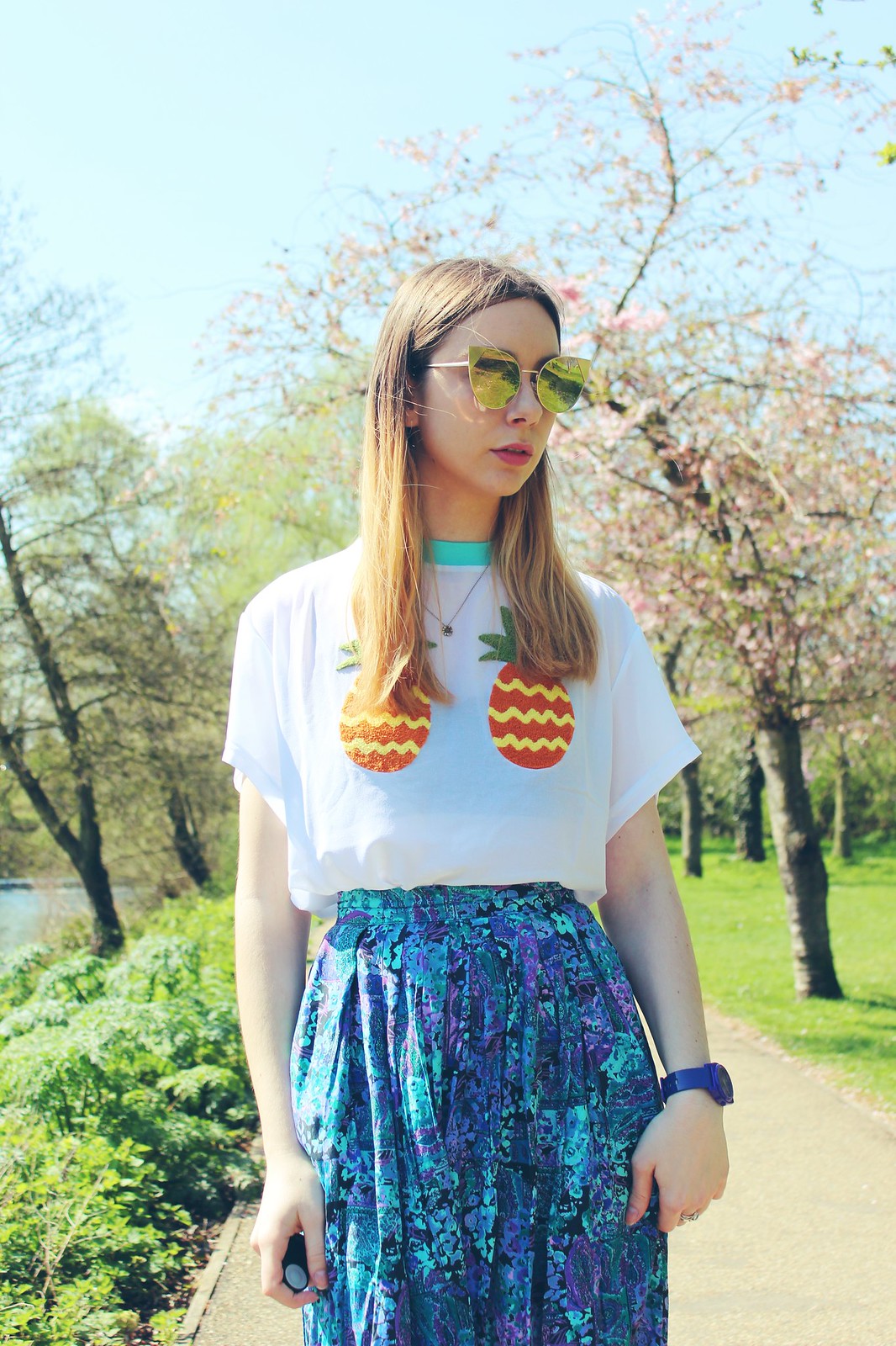 Lazy Oaf Pineapple T-shirt, vintage midi skirt and caged sandals 6