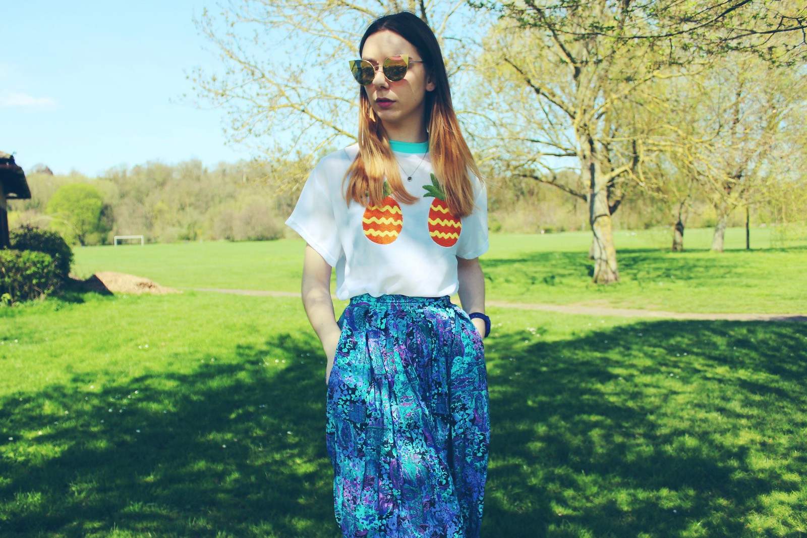 Lazy Oaf Pineapple T-shirt, vintage midi skirt and caged sandals 2