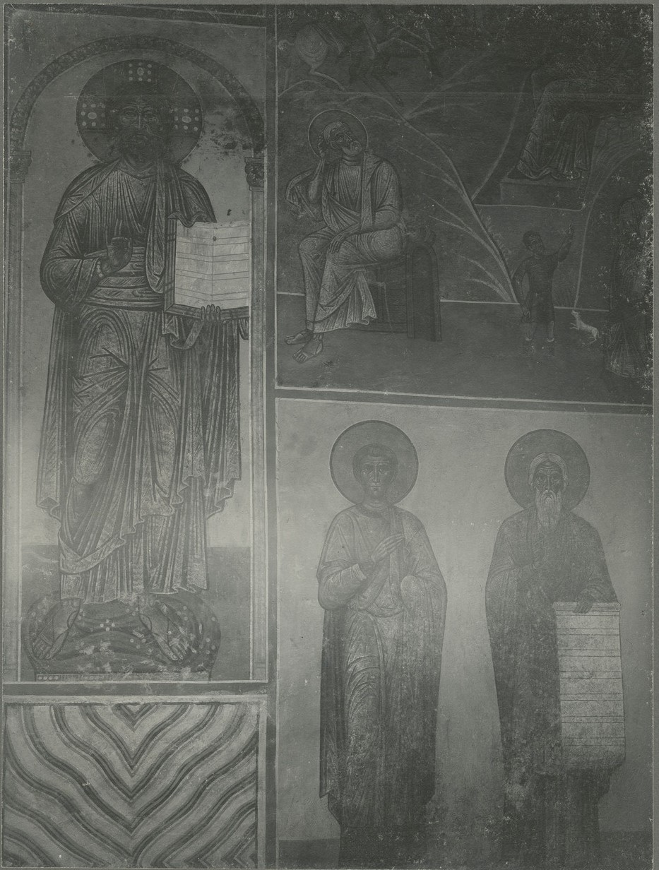 Фрески южной ветви подкупольного креста: Христос Элеймон (Милостивый) и фрагмент чина преподобных отцов