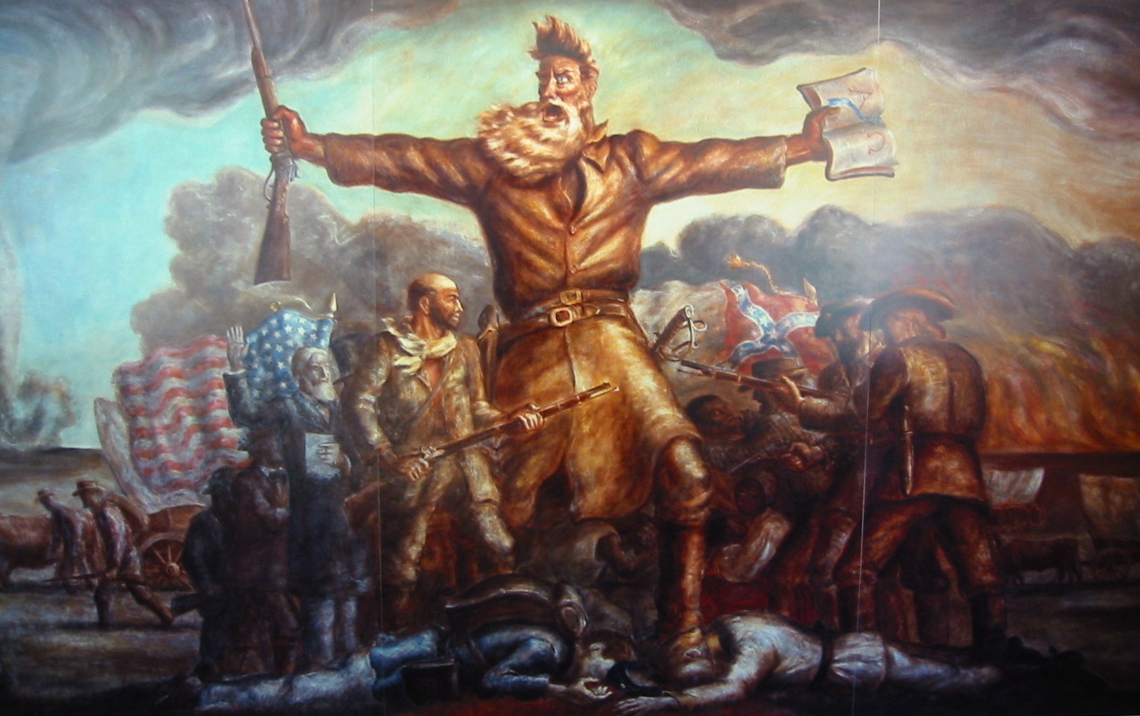 In 1938–40, American painter John Steuart Curry painted Tragic Prelude, a mural of Brown holding a gun and a Bible, in the Kansas State Capitol in Topeka. 