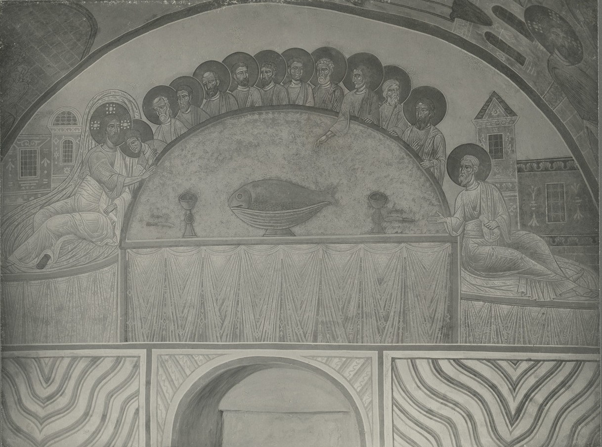 Фреска западной ветви подкупольного креста Спасо-Преображенского собора Мирожского монастыря  -  «Тайная вечеря»
