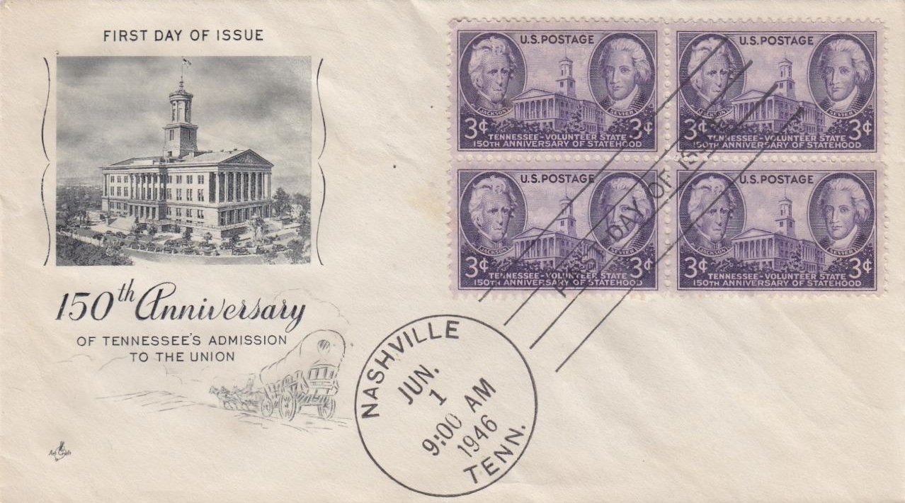 United States - Scott #941 (1946) first day cover, block of 4, ArtCraft cachet