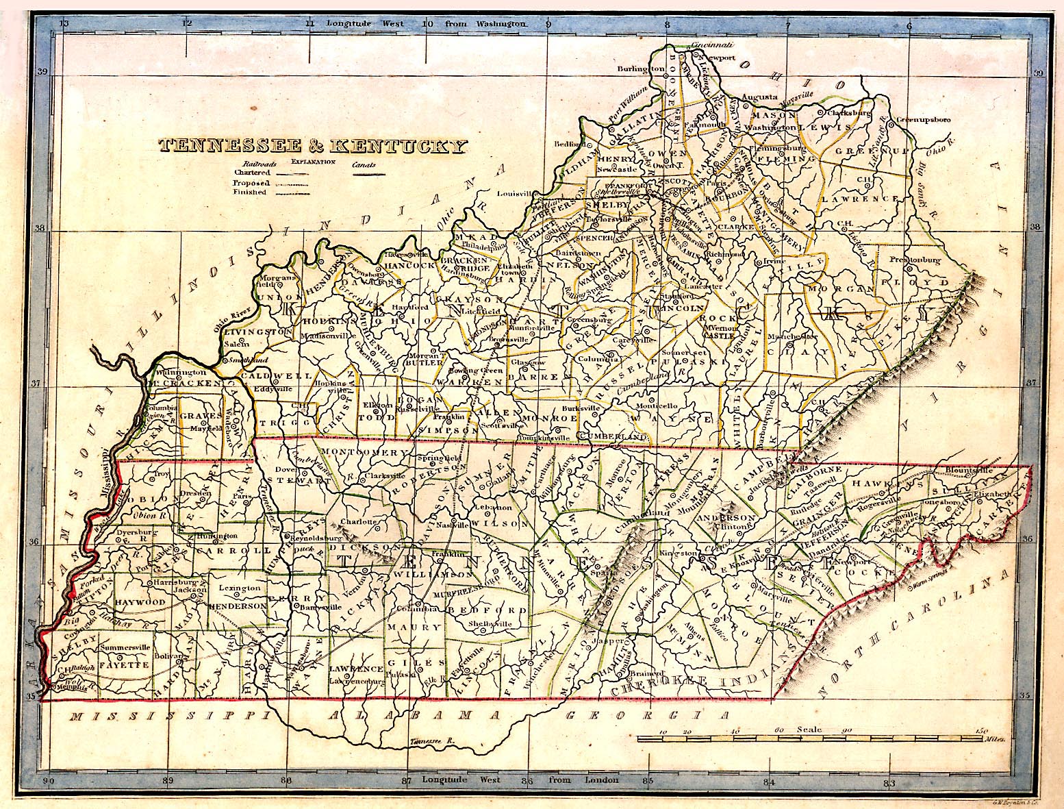 Map of Kentucky and Tennessee, circa 1872.