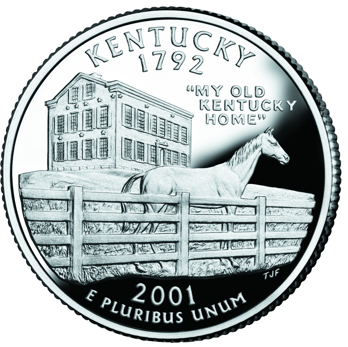The Kentucky State Quarter features a Thoroughbred racehorse behind fence and the Bardstown Mansion, Federal Hill, with the caption: 