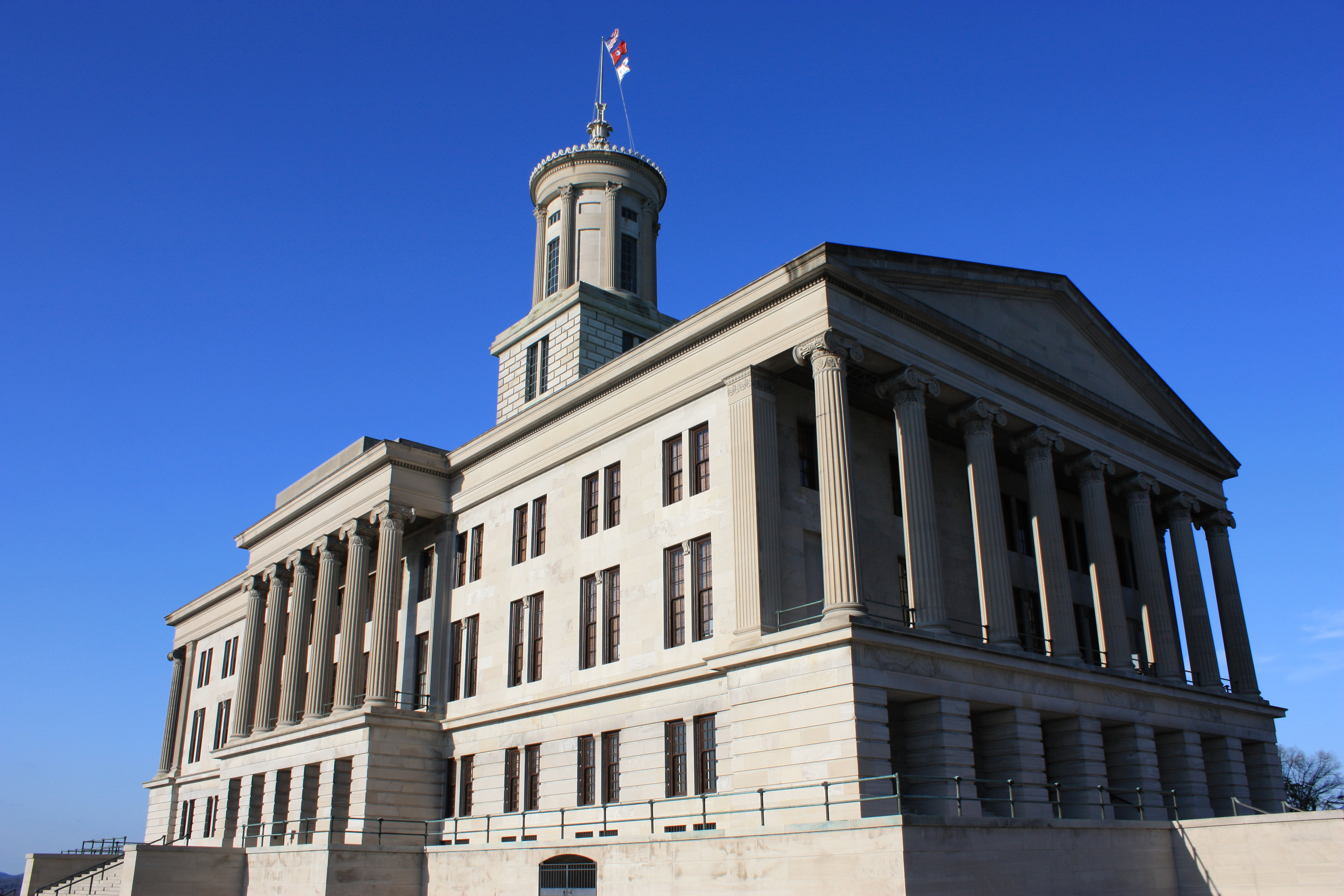 The Tennessee State Capitol, located in Nashville, Tennessee, is the home of the General Assembly of Tennessee (state legislature), the location of the governor's office, and a National Historic Landmark. Designed by architect William Strickland (1788-1854), of Philadelphia, Pennsylvania and Nashville, it is one of Nashville's most prominent examples of Greek Revival architecture. The cornerstone of the Tennessee state capitol was itself laid on July 4, 1845 and the building was completed fourteen years later in 1859. Photo taken on March 1, 2009.
