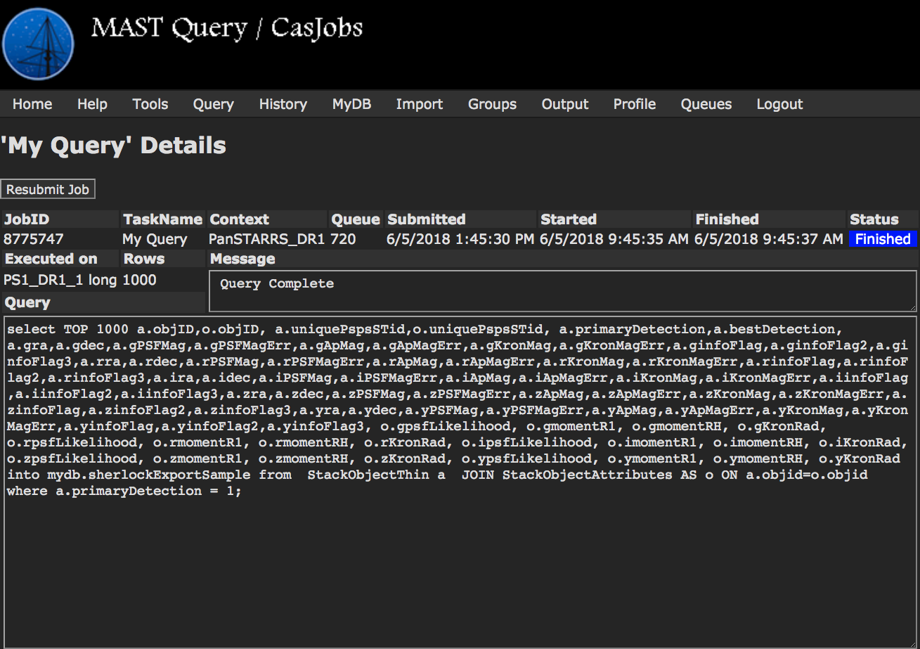 A Query to Export PanSTARRS-DR1 Data for Use with Sherlock