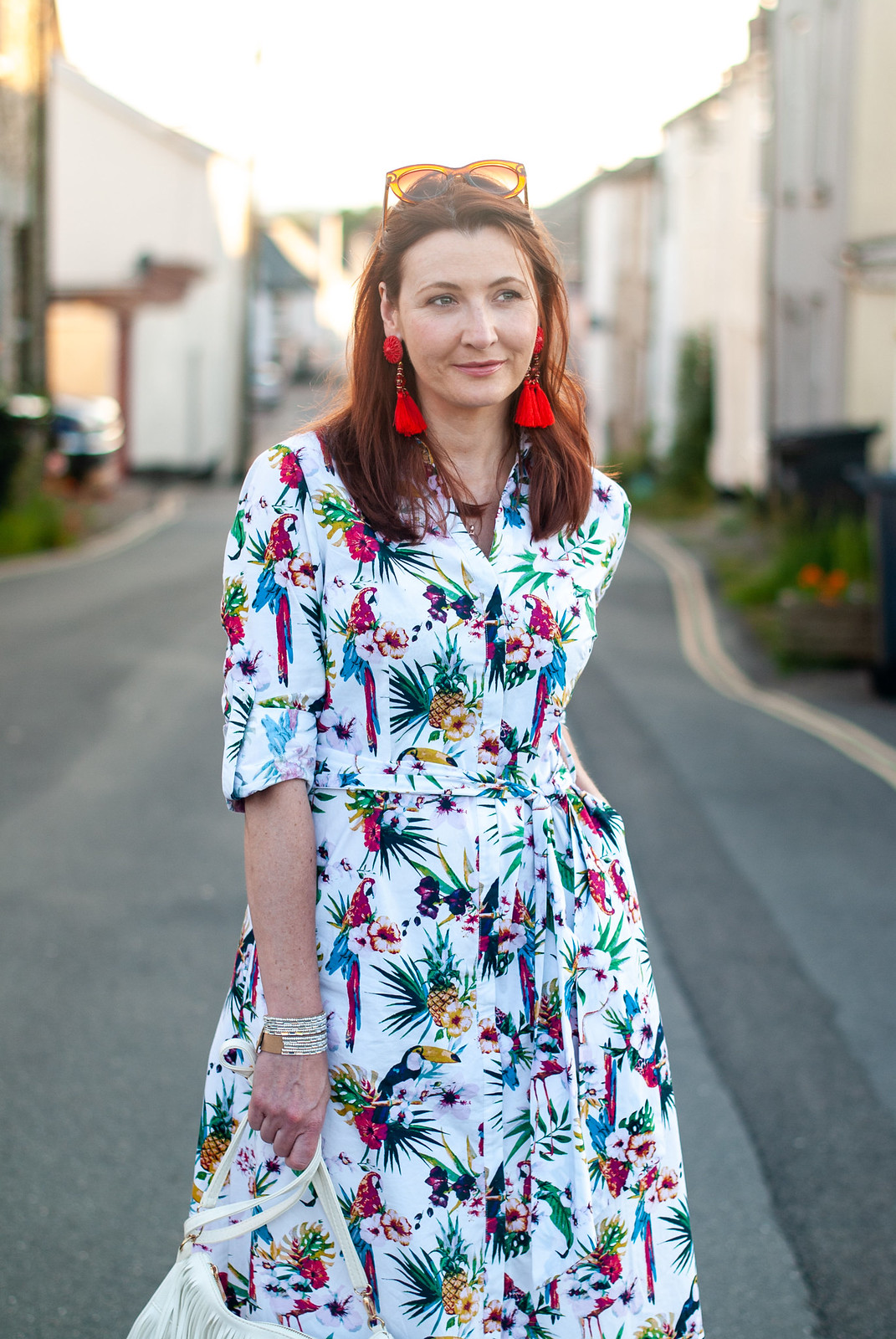 Florals With a Twist | A Loud Birds & Botanical Print \ botanical print midi shirt dress \ grey lace-up espadrilles \ red tassel earrings \ white fringed crossbody bag | Not Dressed As Lamb, over 40 style