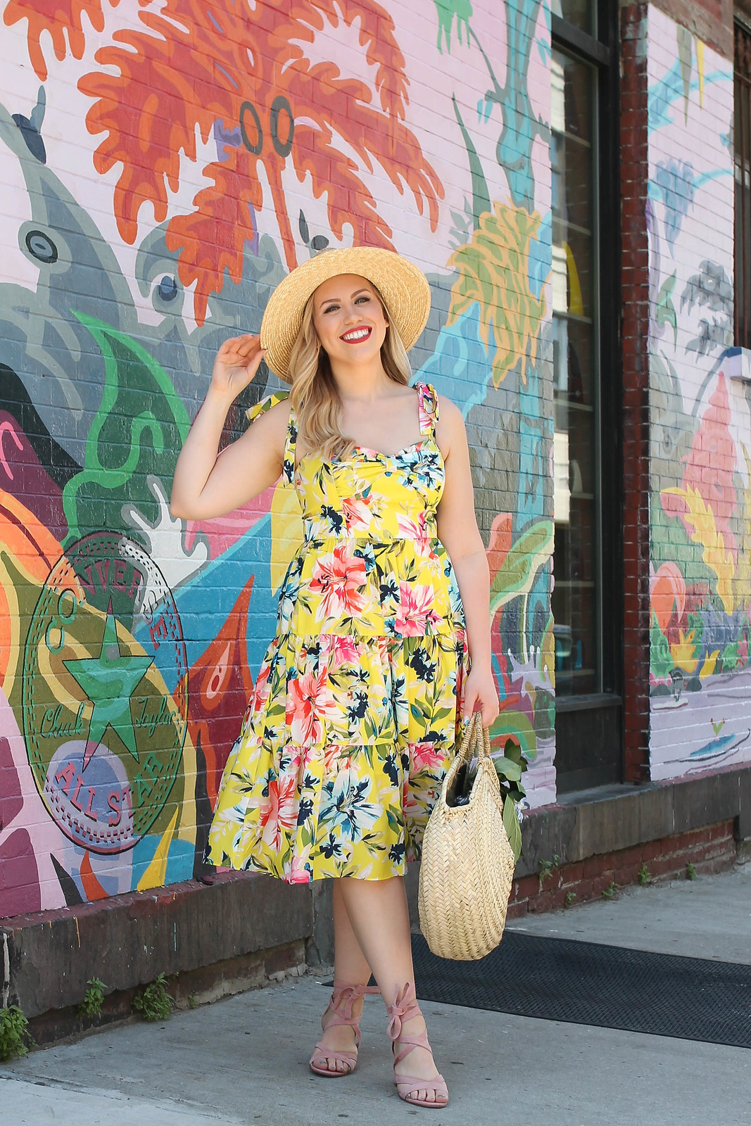 Eliza J Bow Front Tie Strap Dress Yellow Floral Dress Nordstrom Brixton Joanna Straw Hat Caterina Bertini Straw Circle Tote Summer Outfit Inspiration