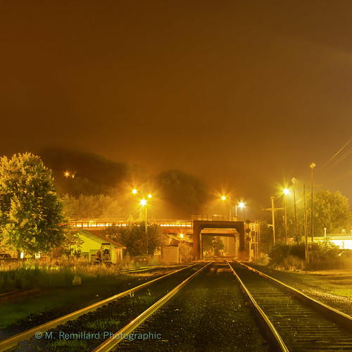 night yellowlight railroad tracks smoke reflections landscape nightlandscape expanse canon canon70d jpeg smog trees lights