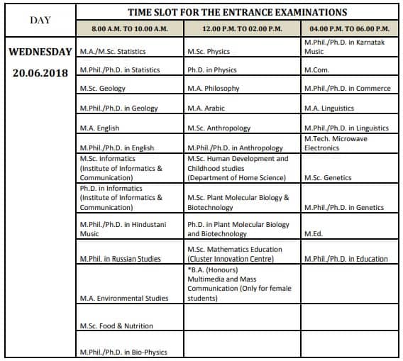 DU Entrance Exam Schedule - Final (20 June 2018)
